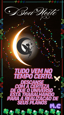 a poster with a fairy on a crescent moon and the words tudo vem no tempo certo