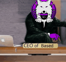 a man in a suit sits at a desk with a ceo of based sign on it