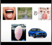 a collage of pictures includes a blue car cotton candy and a group of boys