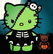 a cartoon of hello kitty dressed as a frankenstein monster