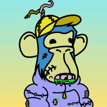 a cartoon drawing of a monkey wearing a yellow hat and a purple hoodie