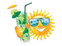 a cartoon sun wearing sunglasses is holding a drink