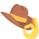 a brown cowboy hat with a yellow ribbon and a yellow glove .