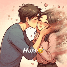 a cartoon of a man kissing a woman on the cheek with the word hupp on the bottom