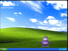 a computer screen shows a purple gorilla in front of a grassy hill and the words " unreal torment "