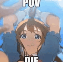 a cartoon girl is holding a knife in her hand and says `` puv die '' .