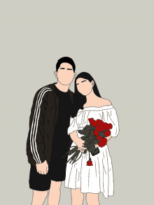 a man and a woman standing next to each other holding roses