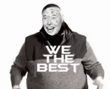 a black and white photo of a man with a tattoo on his face wearing a we the best shirt .