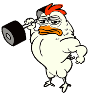 a cartoon of a chicken holding a dumbbell with the letter o on it