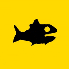 a black silhouette of a fish with a yellow background