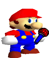 a cartoon of mario holding a microphone with a white background