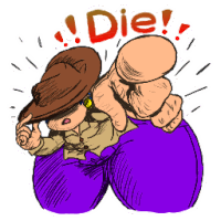 a cartoon drawing of a cowboy with the word die written above him