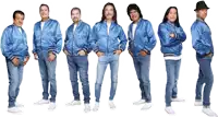 a group of men wearing blue jackets and jeans pose for a photo