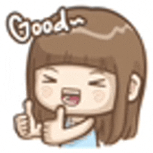 a cartoon girl is giving a thumbs up sign and saying `` good '' .