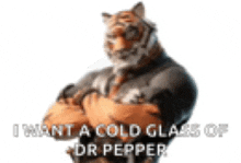 a tiger is standing with his arms crossed and the words `` i want a cold glass of dr pepper '' written on it .