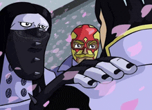 a cartoon of a man wearing a mask and a woman wearing a mask holding hands .