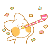 a drawing of a cat blowing a party horn with confetti around it