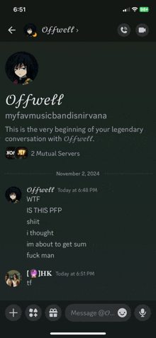 a screenshot of a conversation between offwell and myfavmusicbandsnirvana