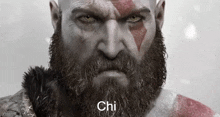 a close up of a man 's face with a beard and the word chi on the bottom .