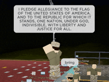 a cartoon of soldiers standing in front of a sign that says i pledge allegiance to the flag