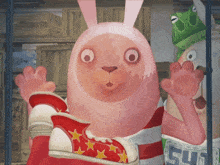 a pink cartoon rabbit is wearing a pair of red shoes