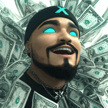 a man with a beard and blue eyes is surrounded by dollar bills