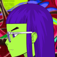 a cartoon drawing of a girl with purple hair and sunglasses