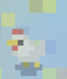 a pixel art of a chicken on a blue and yellow background