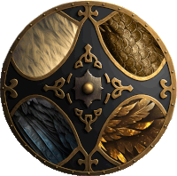 a black and gold shield with feathers and scales on it