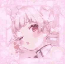 a girl with pink hair and red eyes is in a pink frame with hearts around her