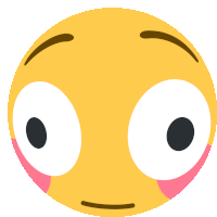 a yellow smiley face with big eyes and a pink cheek