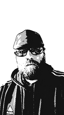 a black and white drawing of a man with a beard wearing an adidas shirt