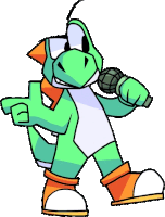 a cartoon yoshi dinosaur is holding a microphone and giving a thumbs up .