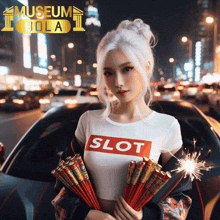 a woman wearing a shirt that says slot is holding fireworks in front of a car