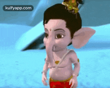 a cartoon of a baby ganesha standing on a snowy surface .