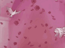 a pink background with white birds and flowers on it