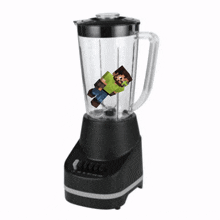 a black blender with a pixel art of a man floating in it