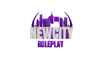 the logo for new city roleplay is purple and white with a city skyline in the background .