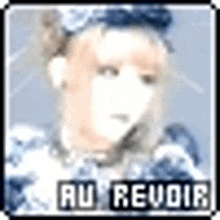 a pixelated image of a woman wearing a hat and a dress with the words au revoir written below her .