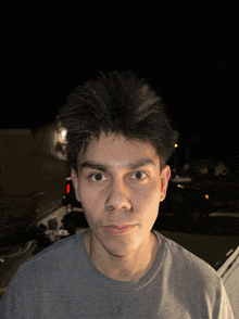 a man in a gray shirt looks at the camera