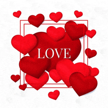 the word love is surrounded by red hearts in a square