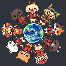 a group of cartoon cats holding hands around a globe with chinese writing on it