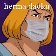 a cartoon character wearing a face mask with the words `` herma daoku '' written on it .