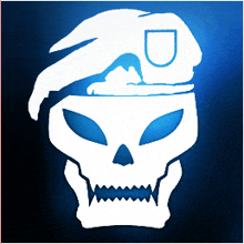 a white skull with a blue background and a letter d on it