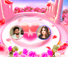 a man and a woman are surrounded by pink roses