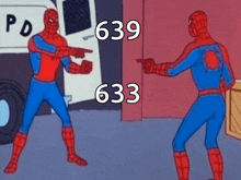 a cartoon of spider-man pointing at another spider-man and the number 633