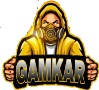 a man in a gas mask holds up a sign that says gamkar