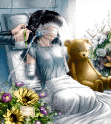 a painting of a girl in a hospital bed with flowers and a card that says god bless