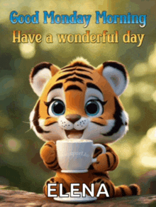 a cartoon tiger holding a cup of coffee with the name elena on it