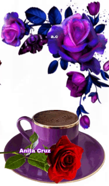 a cup of coffee sits on a saucer with purple roses and the name anita cruz on the bottom